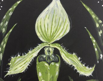 Orchid Painting, Lady Slipper Orchid, Original Art, Botanical Decor, 8”x10”