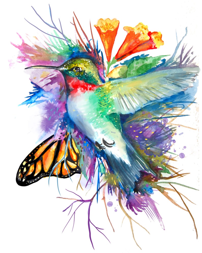Humming bird Watercolor Giclee Print, Bird Art, Green Humming Bird Decor, Happy Art, 8x10, Home Decor, Watercolor Painting image 1