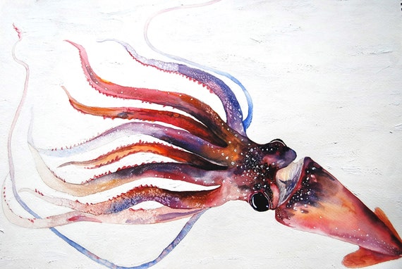 Strawberry Squid digital painting 8x10 giclee archival art print squid print, squid art