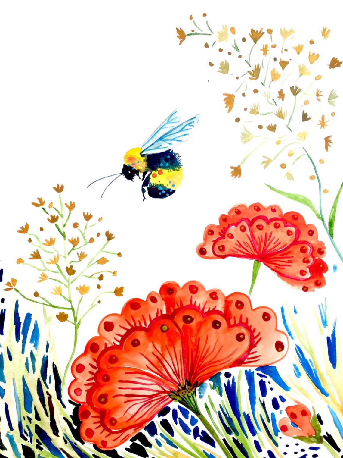 Watercolor Painting Bee in Flowers 9x12 Etsy