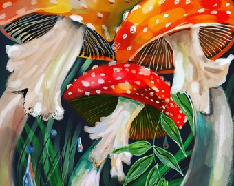 May include: Three red and yellow mushrooms with white spots on their caps, growing in a green grassy area with blue raindrops falling from the sky.