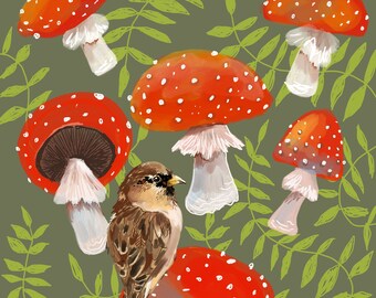 Sparrow and toadstools, 8"x8", Print