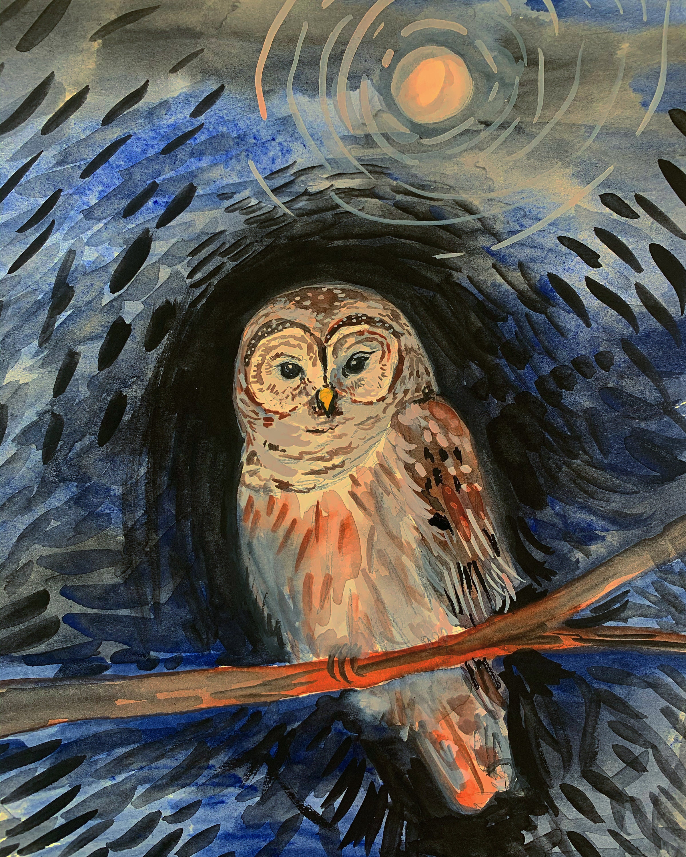 Night Owl, Original Watercolor Painting, 9”x12”