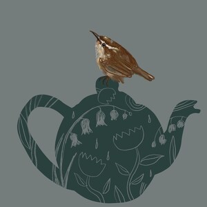 Wren on teapot, 8"x8", Print