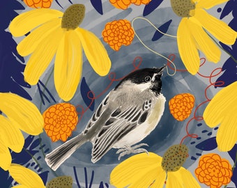 Chickadee in Fall Garden, Bird Print 8"x10"