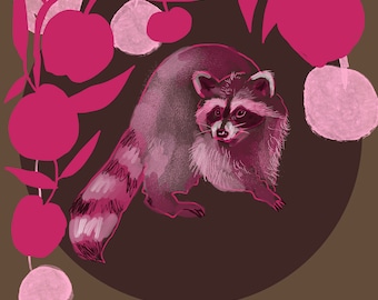 Racoon with Apple Print, 8"x8", Trash Panda, Racoon Painting, Animal Art, Woodland Animals, Pink on Pink