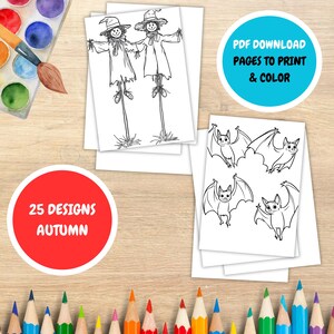 Könnte beinhalten: Ein Set mit 25 druckbaren Malvorlagen zum Thema Herbst. Das Bild zeigt zwei Vogelscheuchen und vier Fledermäuse. Der Text "25 DESIGNS AUTUMN" und "PDF DOWNLOAD PAGES TO PRINT & COLOR" ist sichtbar.