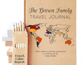 Custom World Travel Journal · Choose Your Travel Map, Pages, Checklist and More · Gift Box Upgrade Available
