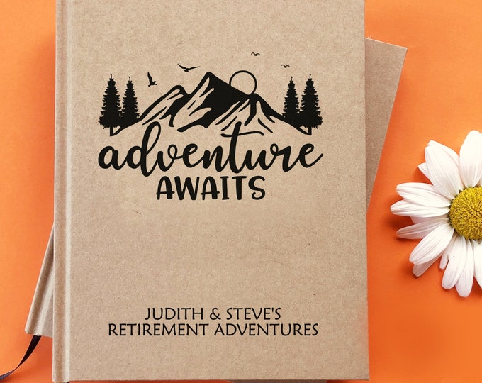 Custom Camping Travel Journal | Retirement Gift Parent, Grandparent, Coworker | Adventure Awaits | RV Outdoor Camper Accessories  | Hiking
