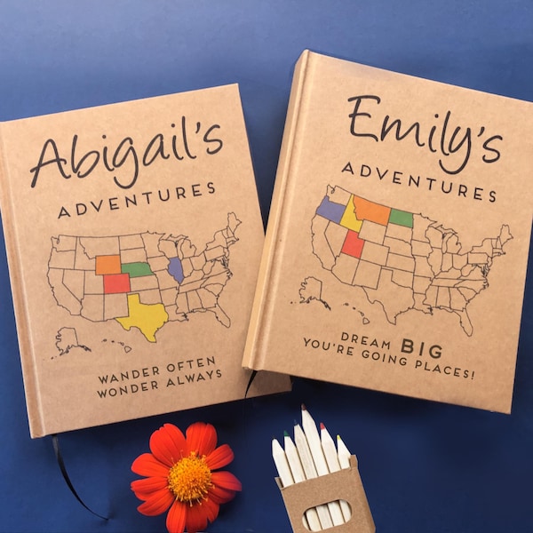 Diario di viaggio personalizzato per bambini · Colora la mappa · Include matite colorate · Completamente personalizzabile dentro e fuori · Aggiungi una lista di controllo per il viaggio