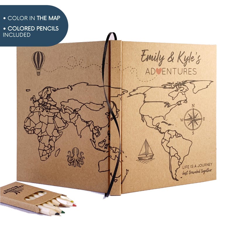 Custom World Travel Journal · Color In The Map · Gift for Couples · Personalized Adventure Book with Layflat Pages: Blank, Lined or Prompted image 4