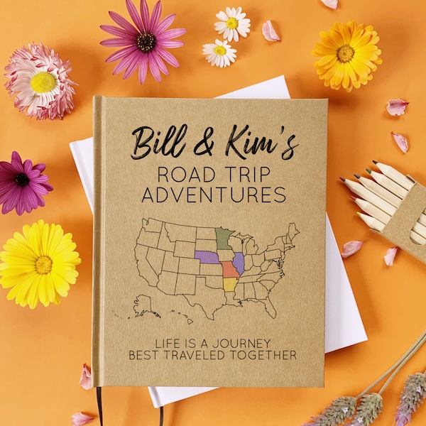 Diario de viaje de camping RV personalizado / Cuaderno de viaje por carretera de EE. UU. / Jubilación, Pareja, Regalo familiar / Mapa de 50 estados