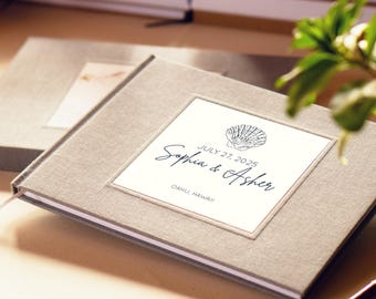 Personalized Beach Wedding Guest Book · Full Range of Linen Cover Colors · Handcrafted · Heirloom Memory Book for the Engaged Couple