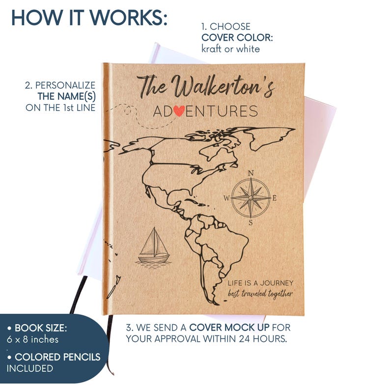 Custom World Travel Journal · Color In The Map · Gift for Couples · Personalized Adventure Book with Layflat Pages: Blank, Lined or Prompted image 5