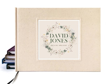 Personalized Funeral Guest Book · Linen Cover, Hardback · Heirloom Memory Book · Full Array of Colors · Wildflower Wreath Design