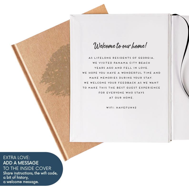 Custom Vacation Home Guest Book · Your Logo on Cover · Rental Cottage Welcome Book & Decor · Realtor Closing Gift