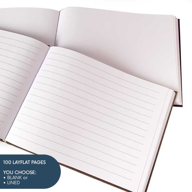 May include: Open layflat notebook with 100 pages, available blank or lined. The pages are white with gray lines. The notebook has a brown cover and a dark purple spine. The text on the image says "100 layflat pages" and "You choose: blank or lined."