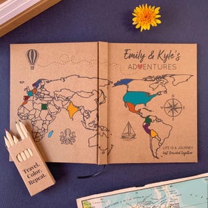 Custom World Travel Journal · Color In The Map · Gift for Couples · Personalized Adventure Book with Layflat Pages: Blank, Lined or Prompted None, thanks.