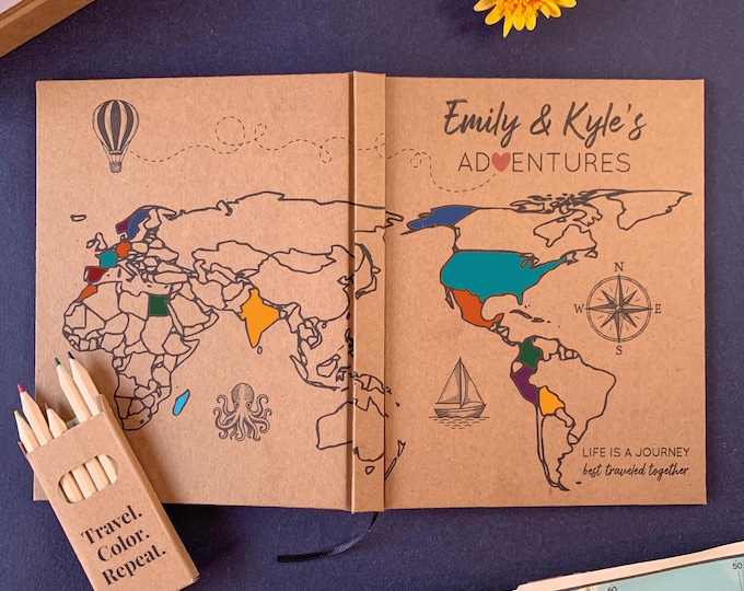 Custom World Travel Journal · Color In The Map · Gift for Couples · Personalized Adventure Book with Layflat Pages: Blank, Lined or Prompted