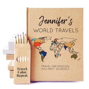 Custom World Travel Journal · Gap Year Plan Notebook · Color In The Map · Personalize Inside & Out · Layflat Pages · Add a Travel Checklist