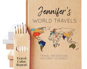 Custom World Travel Journal · Gap Year Plan Notebook · Color In The Map · Personalize Inside & Out · Layflat Pages · Add a Travel Checklist