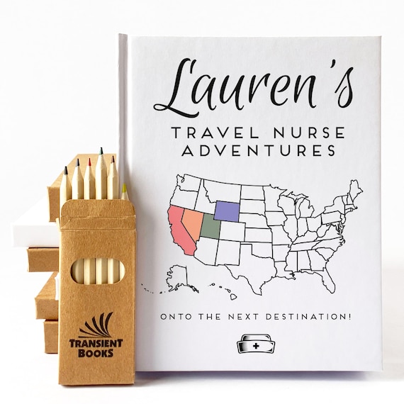 Travel Nurse Gift Journal · Personalized Nursing Planner · Color In The Map · Layflat Pages · Add a Travel Checklist · Gift Boxing Available