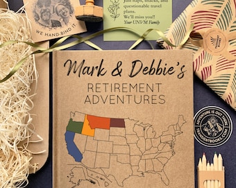 Retirement Travel Journal · Gift Box for Retiring Coworker or Boss · Custom Notebook for Hiking or Outdoor Traveler · United States Map