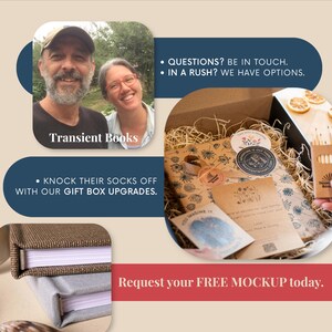 May include: A gift box set containing a book with a floral patterned cover, a small box of pencils, and a card. The image includes text: QUESTIONS? BE IN TOUCH. IN A RUSH? WE HAVE OPTIONS. KNOCK THEIR SOCKS OFF WITH OUR GIFT BOX UPGRADES. Request your FREE MOCKUP today.