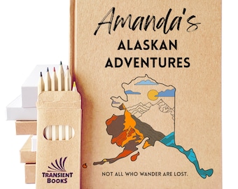 Custom Alaska Travel Journal · Color in the Map · Personalize Inside & Out · Layflat Page Options: Blank, Lined or Prompted · Add a Gift Box