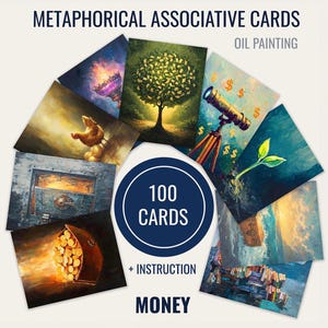100 Associative Metaphorical Cards Theme Money for Therapy and Self-Reflection in Oil Painting Style – Includes Printable Files
