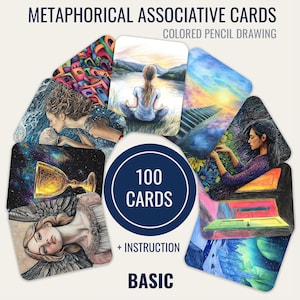 100 associatieve metaforische basiskaarten voor therapie, coaching en zelfreflectie in kleurpotloodstijl – inclusief afdrukbare bestanden