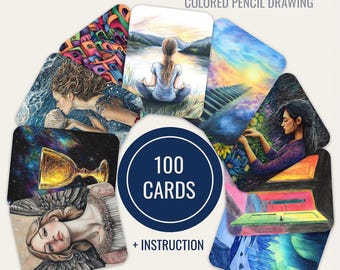 100 Basic Associative Metaphorical Cards for Therapy, Coaching, and Self-Reflection in Colored Pencil Style – Includes Printable Files