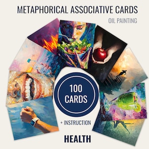 100 tarjetas metafóricas asociativas de salud para la autorreflexión en estilo de pintura al óleo. Incluye archivos imprimibles