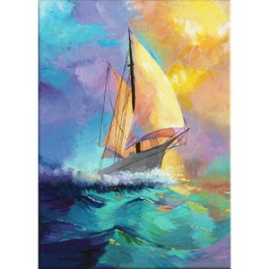 Sueño del viajero – Velero al atardecer / Pintura acrílica original sobre lienzo