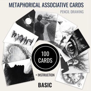 100 Basic Metaphorical Cards for Therapy, Coaching, and Self-Reflection in Black and White Pencil Style – Includes Printable Files