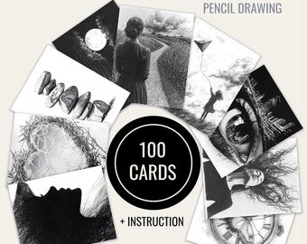 100 Metaphorische Karten für Therapie, Coaching und Selbstreflexion im schwarz-weißen Buntstift-Stil – inklusive druckbaren Dateien
