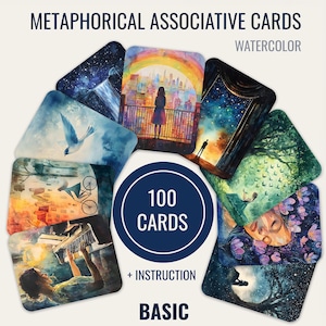 水彩画風のセラピー、コーチング、自己反省のための基本的なメタファーカード100枚 - 印刷可能なファイル付き