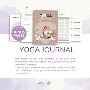 Könnte beinhalten: Ein Yoga-Journal mit Bonusseiten, das eine meditierende Frau zeigt. Das Cover trägt die Aufschrift "Yoga Journal" und das Bild enthält ein Mandala, Meditationsaufforderungen und einen Kalender. Das Journal soll die Yoga-Praxis unterstützen.