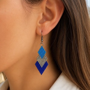 Blue Geometric Miyuki Beaded Earrings, Boho Chic Statement Jewelry