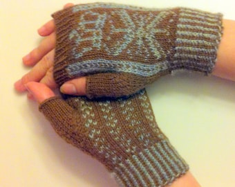 May include: A pair of brown and blue fingerless gloves with a geometric pattern. The gloves are knitted and have a textured surface.