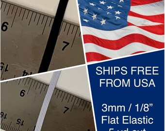 3mm = 1/8 inch Flat Elastic - Black or White, 5 yard, Ready to Ship from USA with Bodkin, 1/5/10 yard lengths, soft poly, round, red, brown