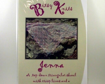 May include: A knitting pattern for a triangular shawl called "Jenna" by Bitsy Knits. The pattern features a delicate beaded scallop edge and crisp lines.