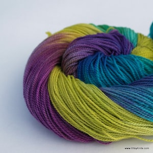 May include: A skein of hand-dyed yarn in shades of purple, green, and blue. The yarn is arranged in a loose coil, showing the color transitions.
