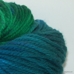 May include: A skein of yarn in a gradient of teal and green colors. The yarn is soft and fluffy, and it is perfect for knitting or crocheting.