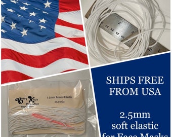 2.5mm Round Soft Elastic - White 5 yards Ready to Ship from USA with Bodkin