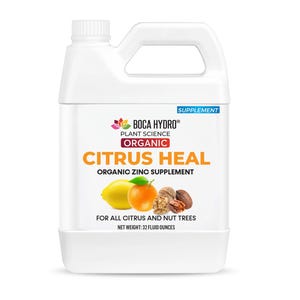 El suplemento de zinc orgánico Boca Hydro Citrus Heal corrige el trastorno de las hojas pequeñas en los cítricos y favorece el crecimiento saludable y la recuperación del árbol de frutos secos.