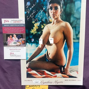 Mature Adult Rare Cynthia Myers Signed 8X10 Photo 1968 Playboy Playmate (D.2011) JSA AUTHENTIC COA