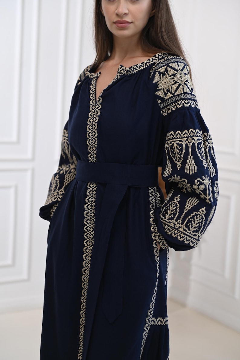 Nomeda Embroidered Ukrainian Dress | White/Blue main image 0