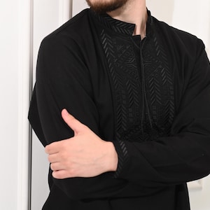 Mens Black Embroidered Shirt – Monochrome Ukrainian Vyshyvanka, Modern Slavic Linen Shirt