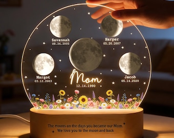 Custom Moon Phase by Date, Personalized Moon Night Light, Mother's Day Gift for Mom, Mom Birthday Gift, Custom Moons Phase with Kids Names